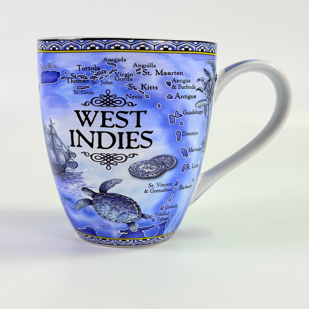 Delft Blue West Indies Collection Mug Blue White Ceramic Caribbean Map Excellent